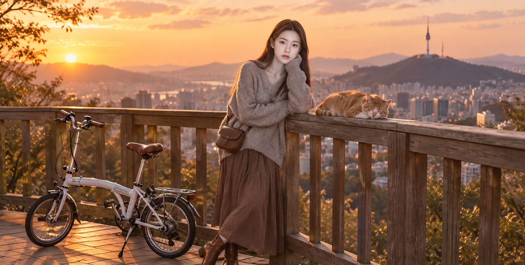 Girl and Orange Cat on a Bicycle Overlooking the City at Dusk