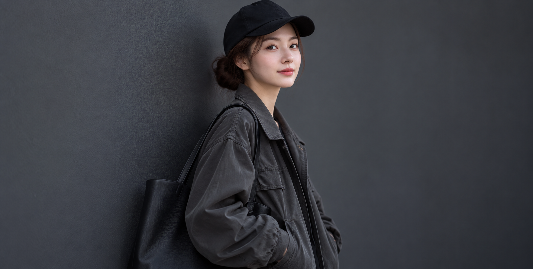 濃いグレーの壁を前にした成人女性のミニマルなストリートファッションポートレート