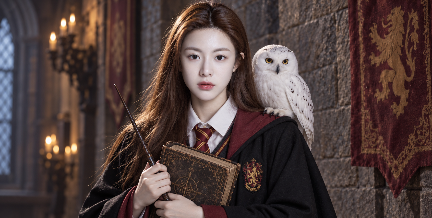 杖と白いフクロウを持つホグワーツの赤いローブの少女の写真