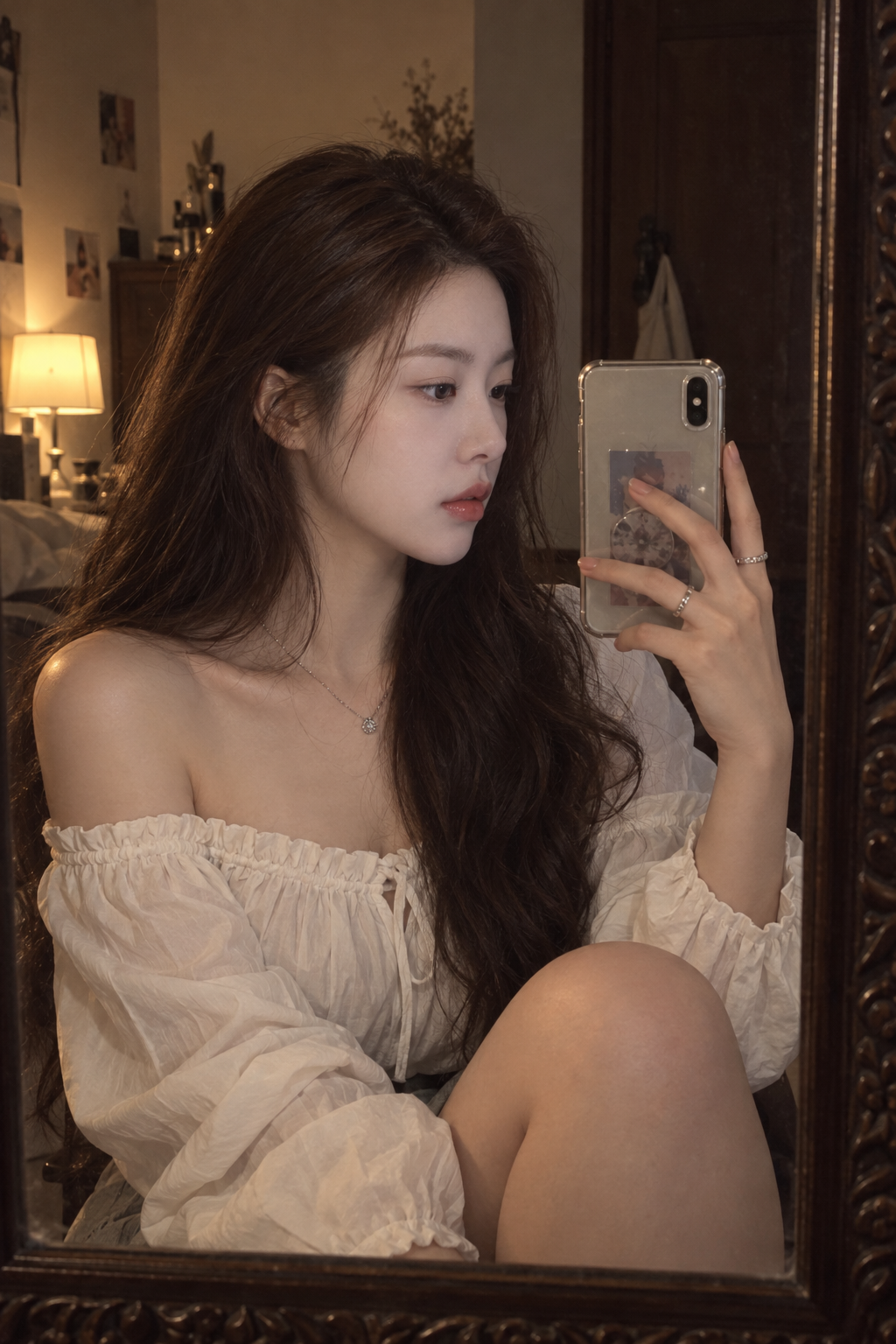 Selfie miroir d'une femme au téléphone dans un intérieur en bois aux tons chauds