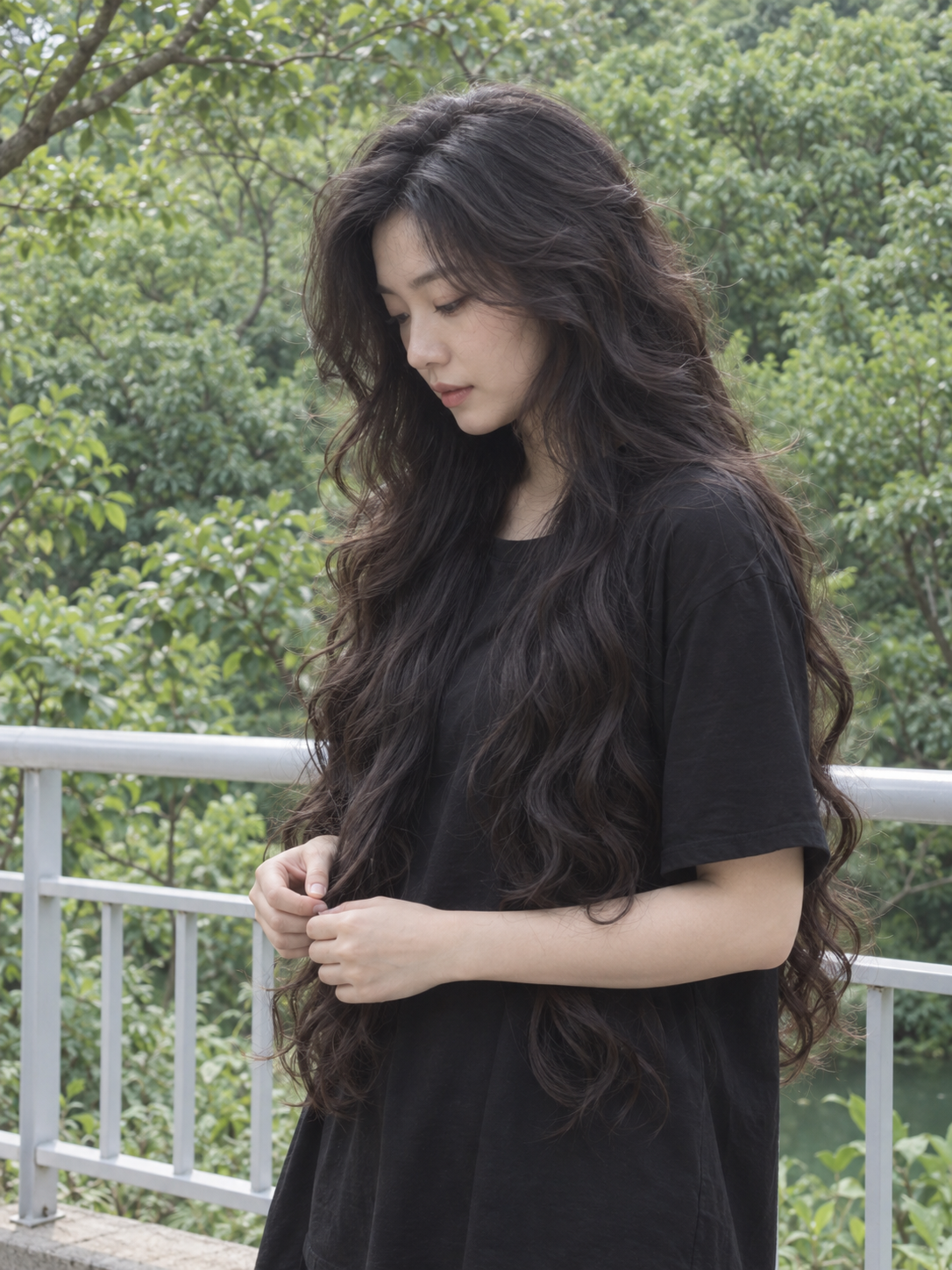 屋外でうつむく超ロングカールヘアの東アジア人女性写真