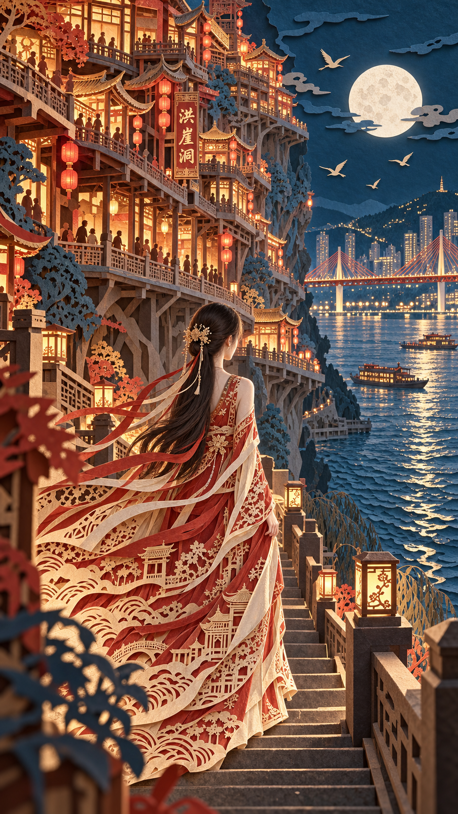 Sculpture en papier 3D onirique orientale : femme en visite nocturne à Hongya Cave