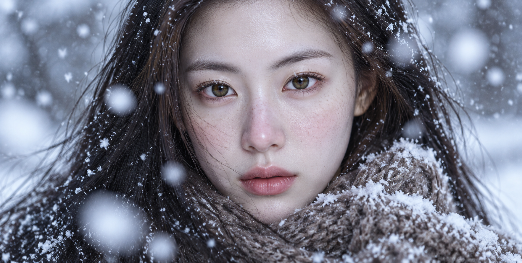 Cold Winter Girl Gazing at the Camera in Flying Snow