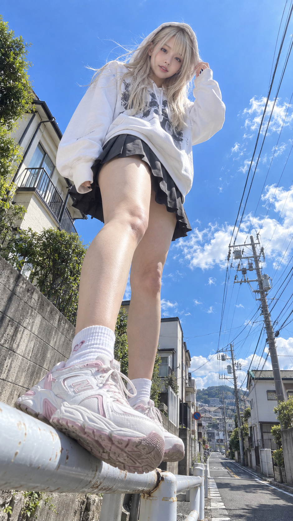 白いパーカーを着た日本人女性のローアングル街角ポートレート