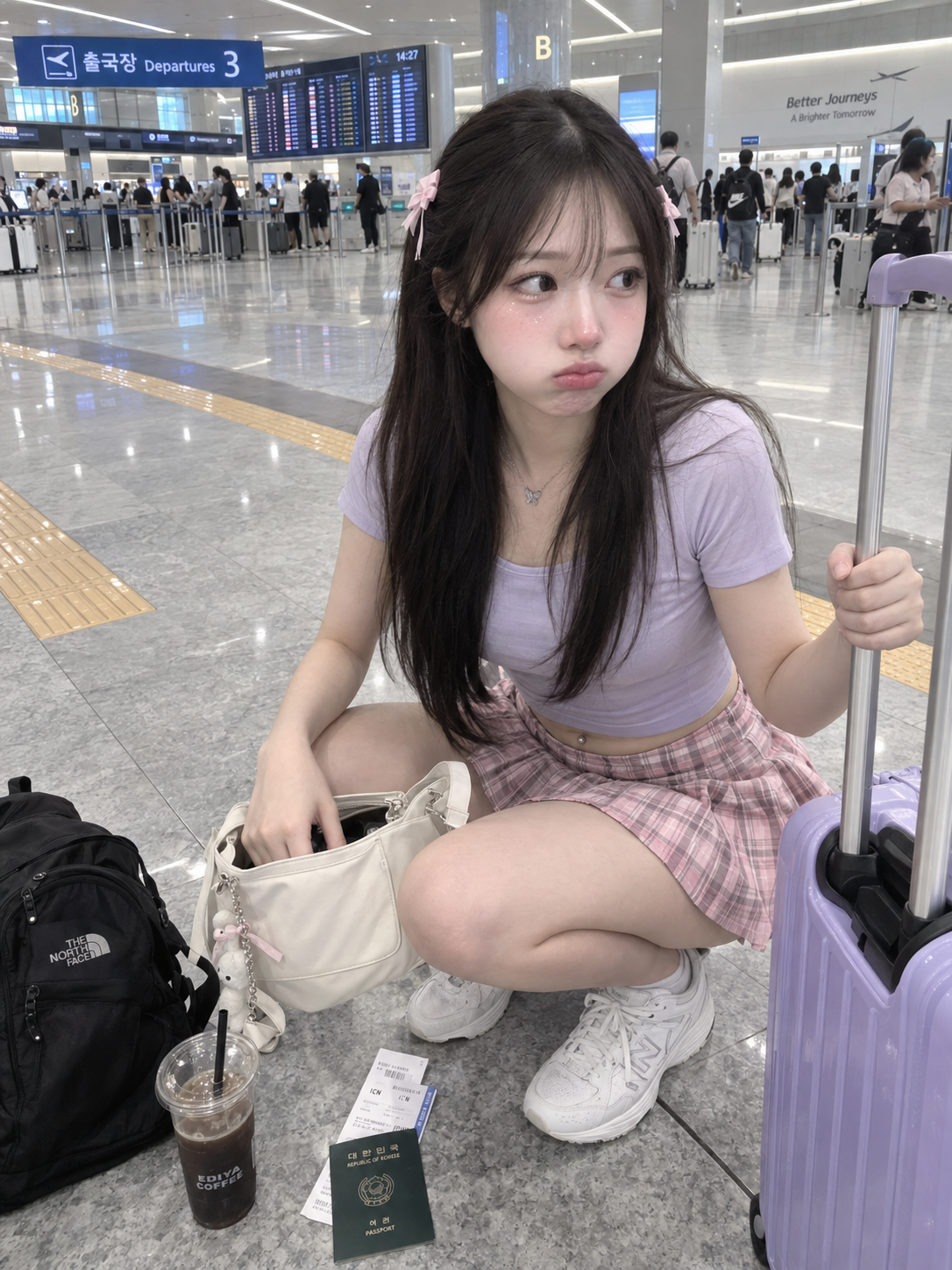超写実的な空港での韓国風甘い女の子のライフスタイル写真