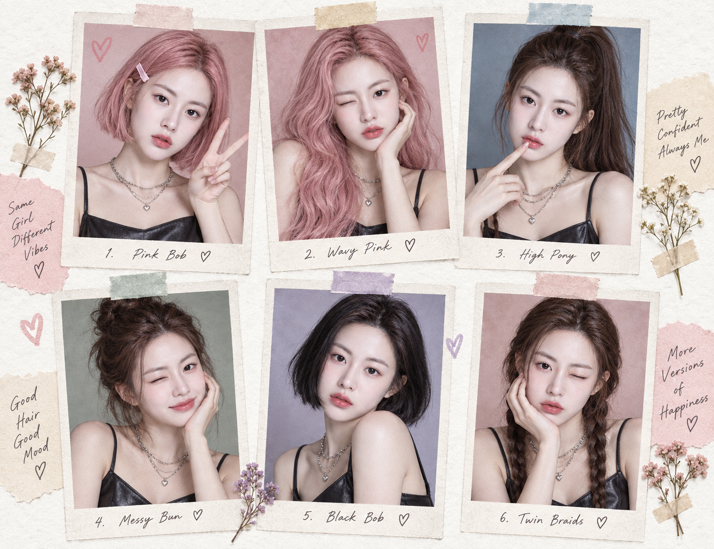 Ảnh ghép sổ lưu niệm Polaroid sáu kiểu tóc cho phụ nữ trưởng thành — AI image creation