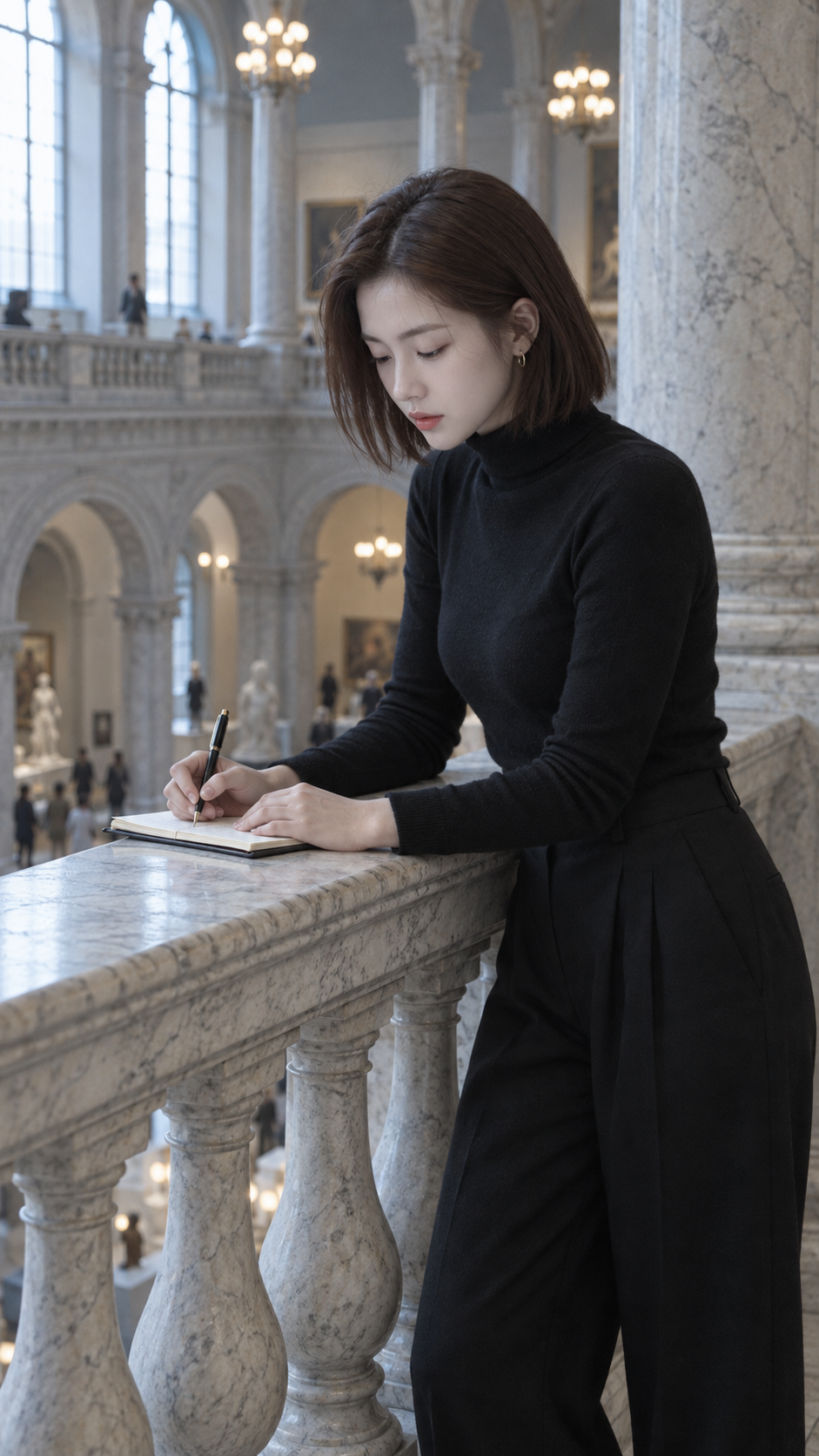 Portrait photographique réaliste d'une femme sur un balcon en marbre au musée