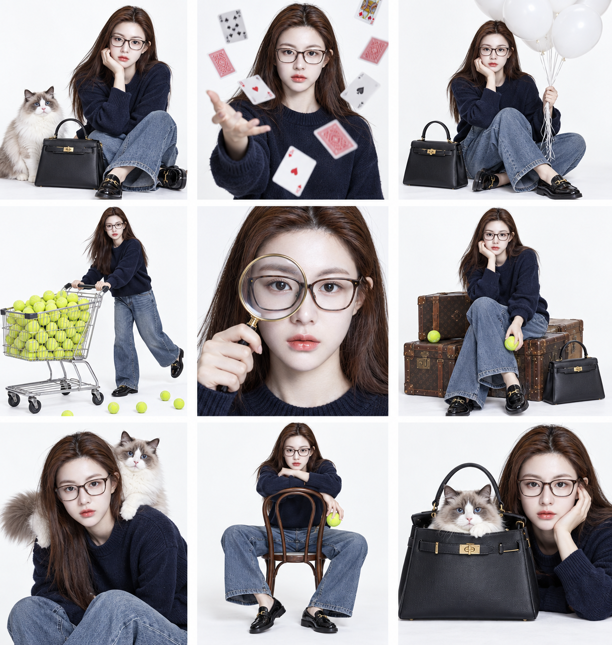 Collage de mode féline et tennis en neuf cases d'un même mannequin