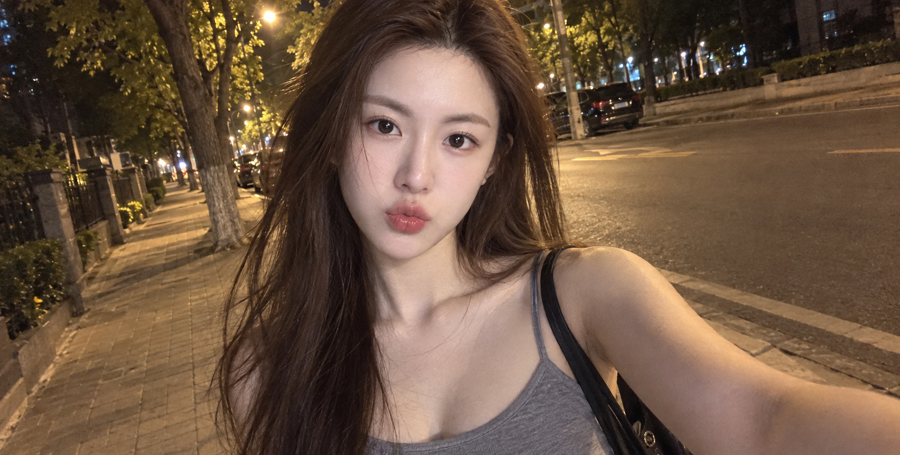 Late-Night City Street Woman Realistic Phone Selfie Portrait