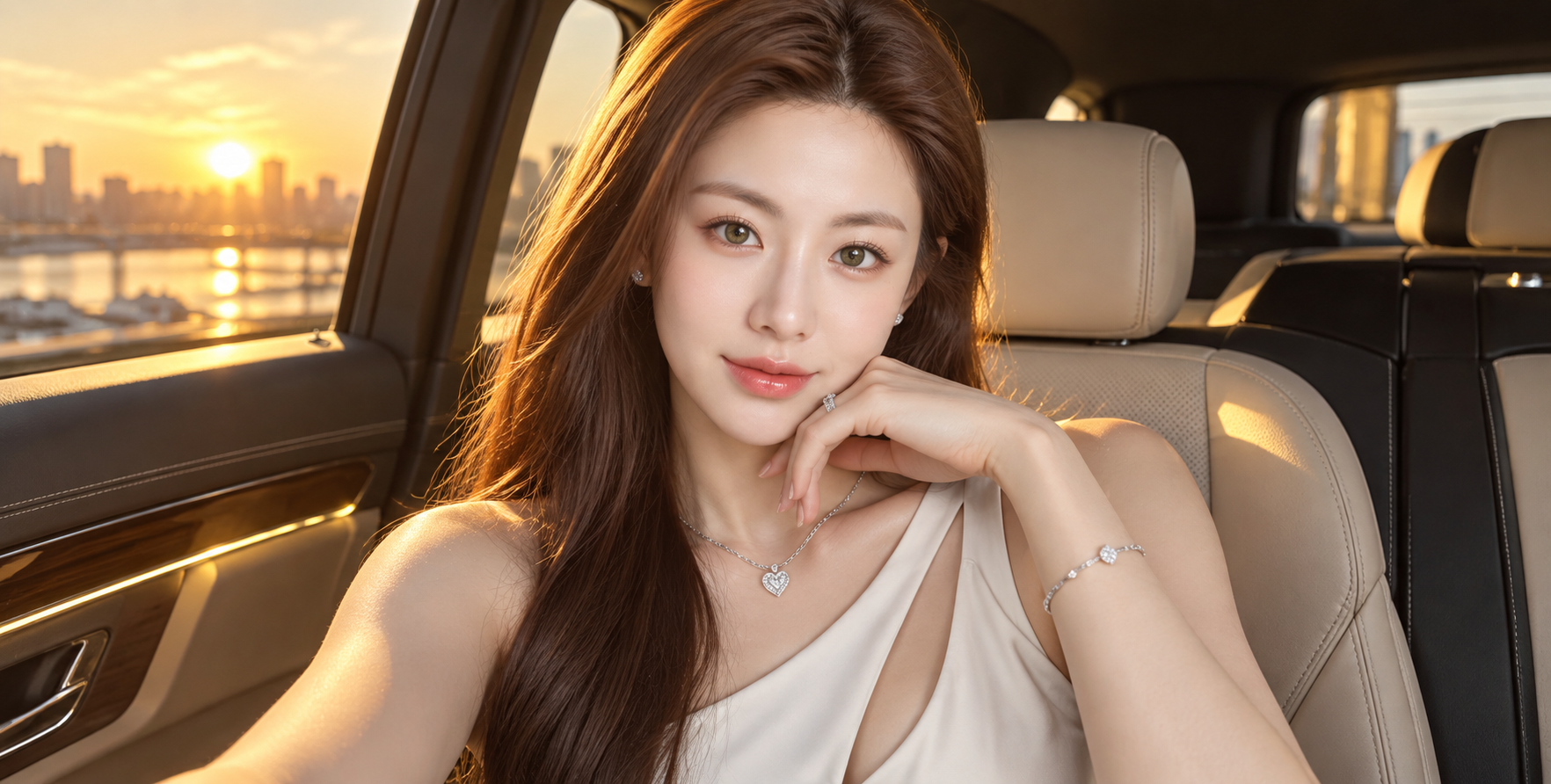 Elegant Woman Portrait with Luxury Car at Golden Hour