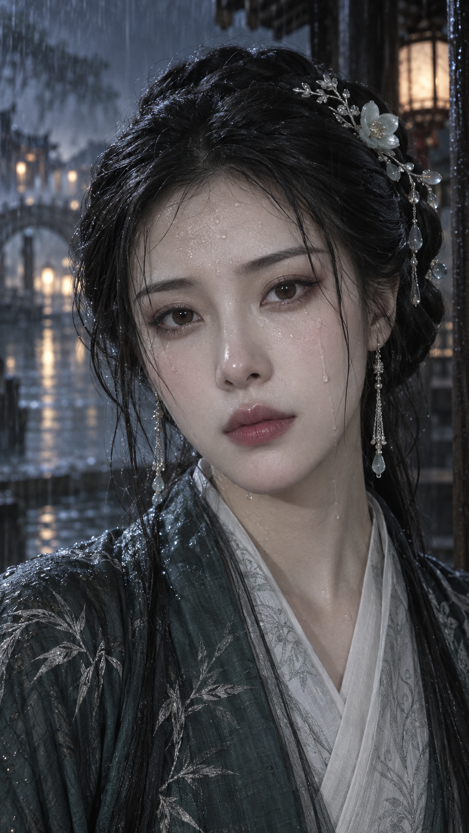 古風江南雨夜の貴女メイクアップクローズアップ リアル写真