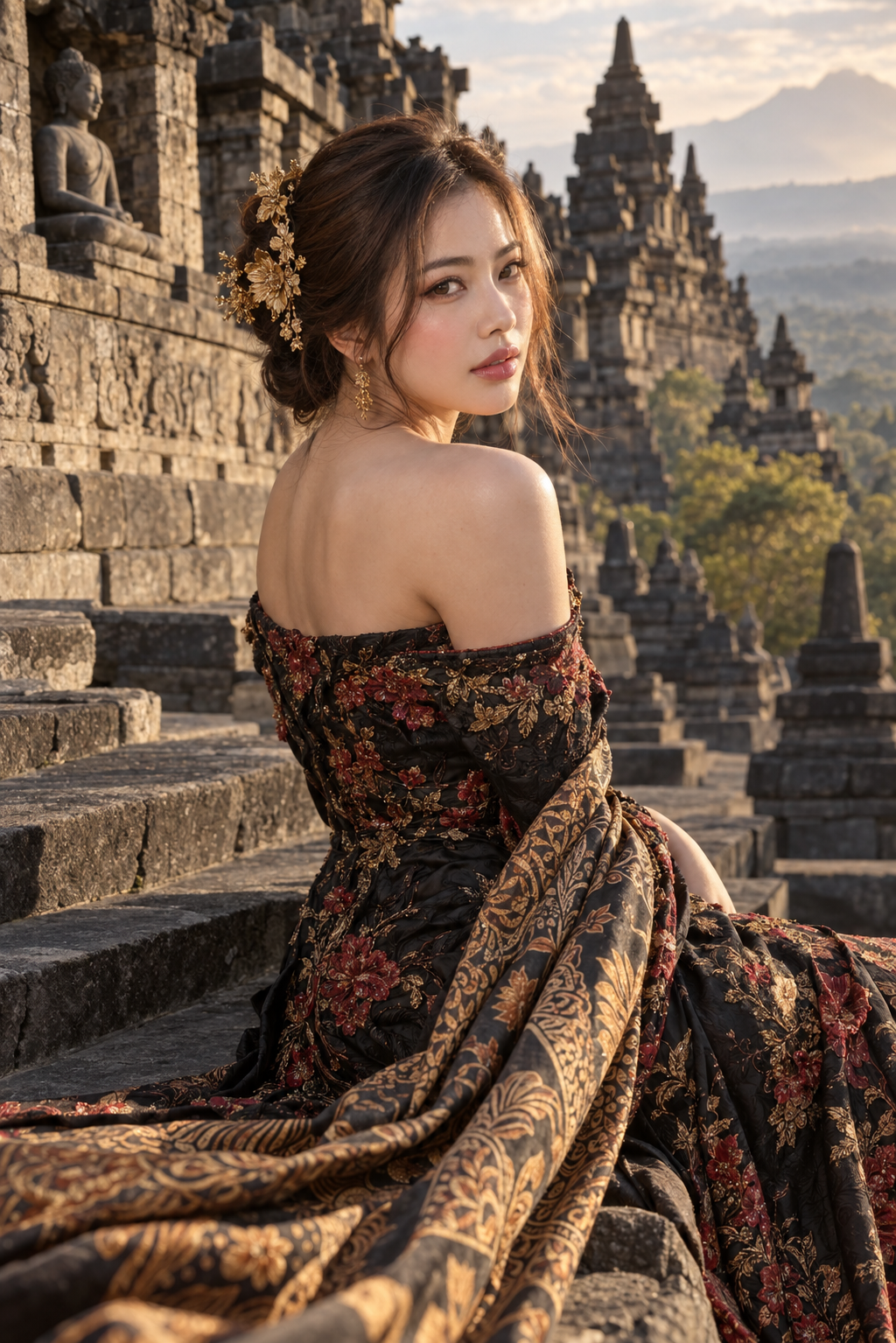 古寺に佇む東アジア女性の超写実的ラグジュアリーファッションポートレート