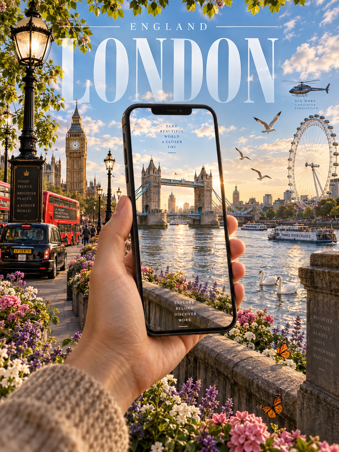Áp phích du lịch London qua cửa sổ điện thoại sáng tạo