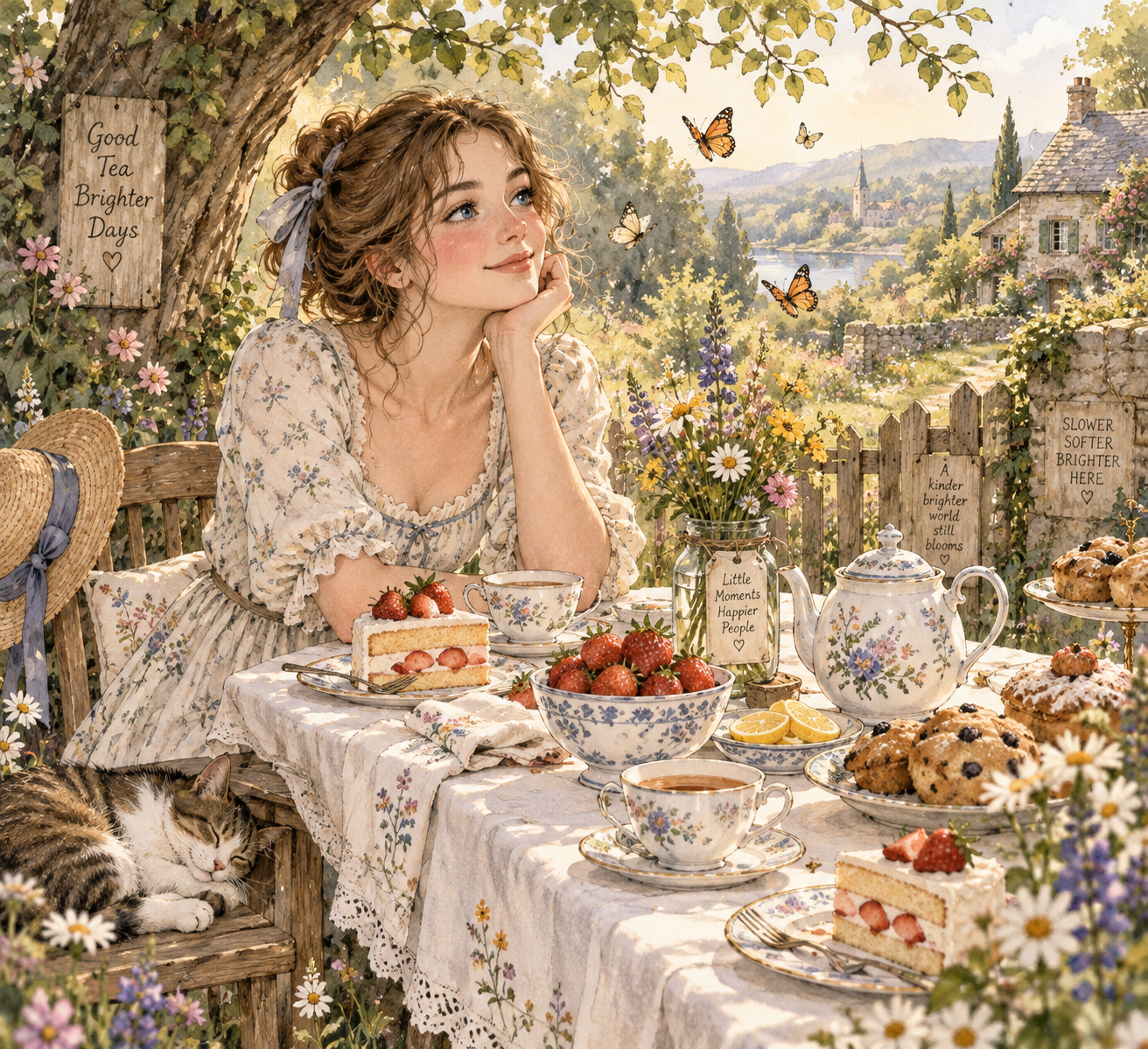 欧式复古绘本风森林茶会少女水彩插画