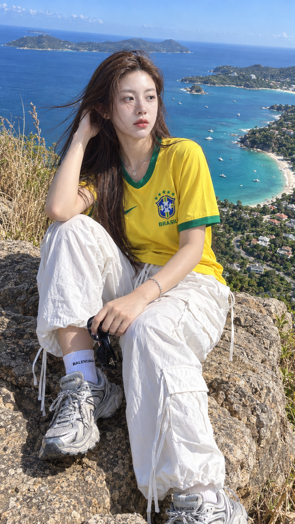 ブラジル代表ユニフォームの成人女性が海辺の崖で撮る超写実的な旅写真