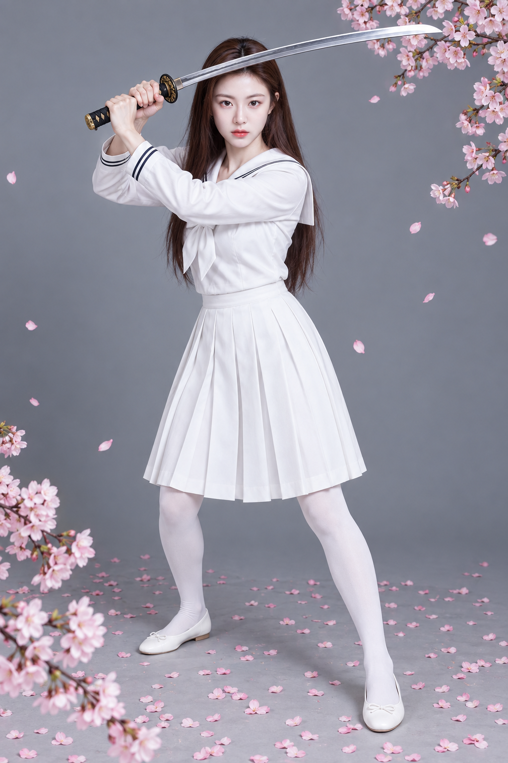 Tư thế nâng kiếm phong cách thủy thủ trưởng thành trong studio hoa anh đào