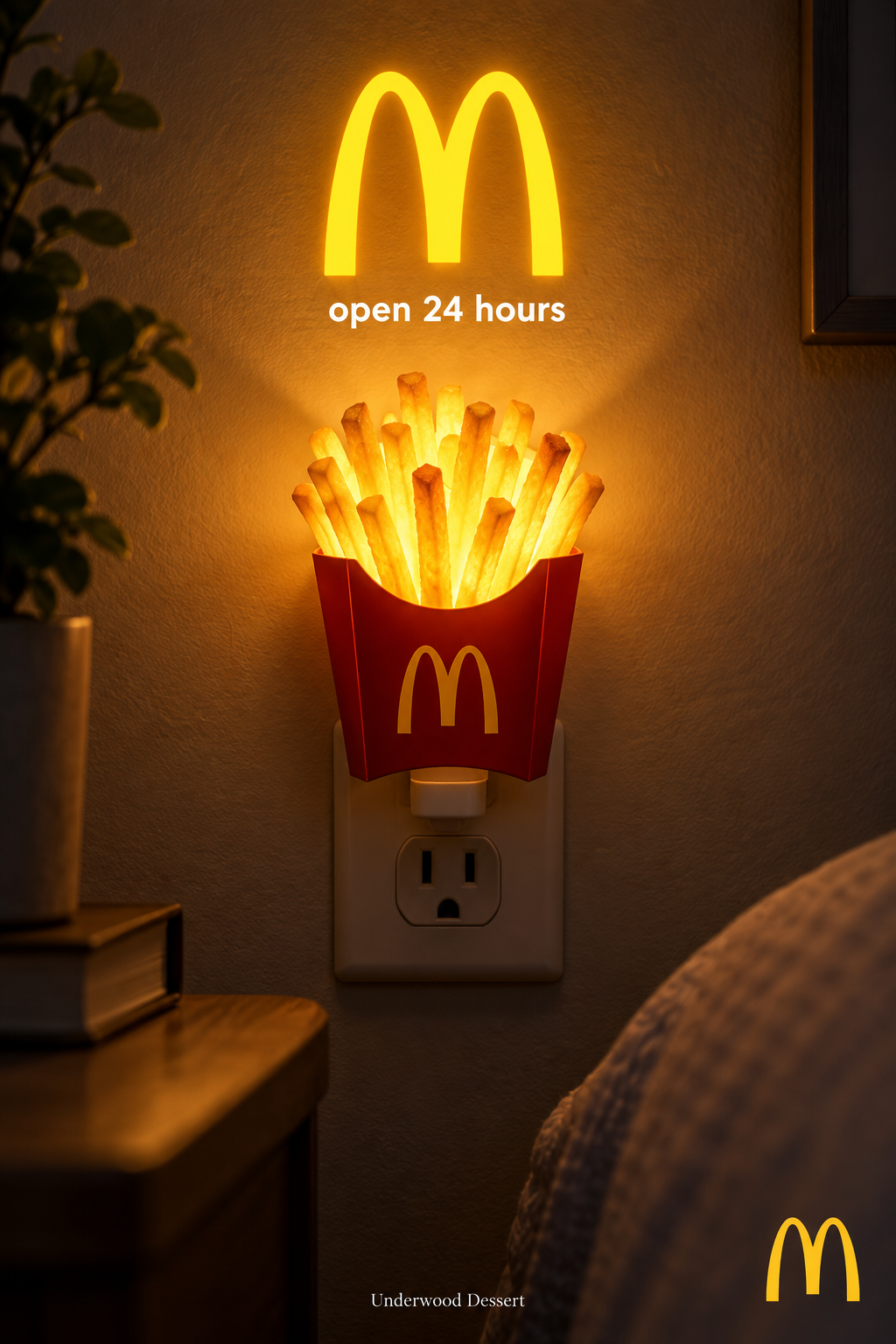 Affiche publicitaire créative : une boîte de frites transformée en veilleuse