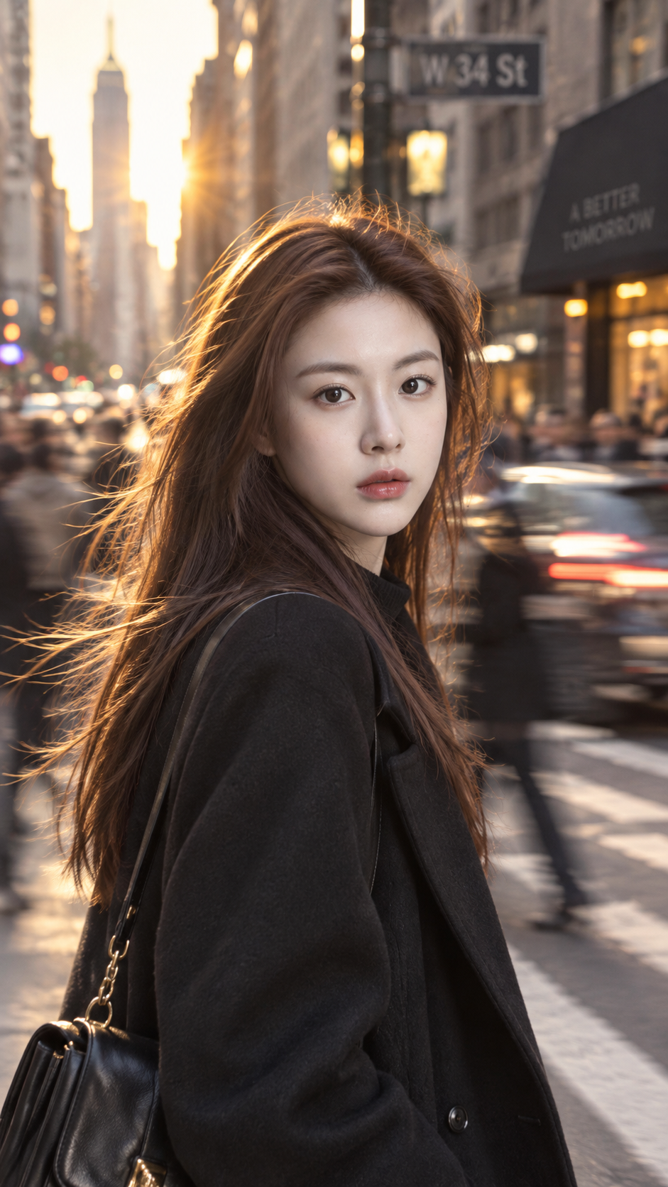 Dynamic Fashion Portrait on a Busy City Street
