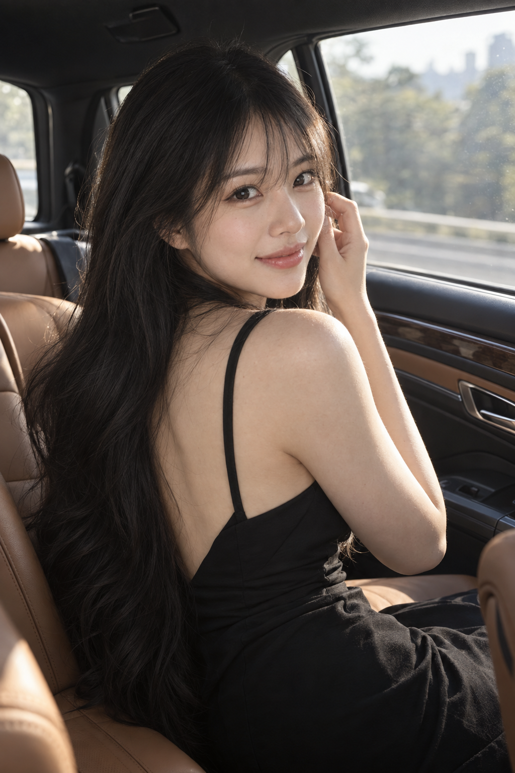 高級車の後部座席で黒いドレスを着た東アジアの女性がカメラを見つめる