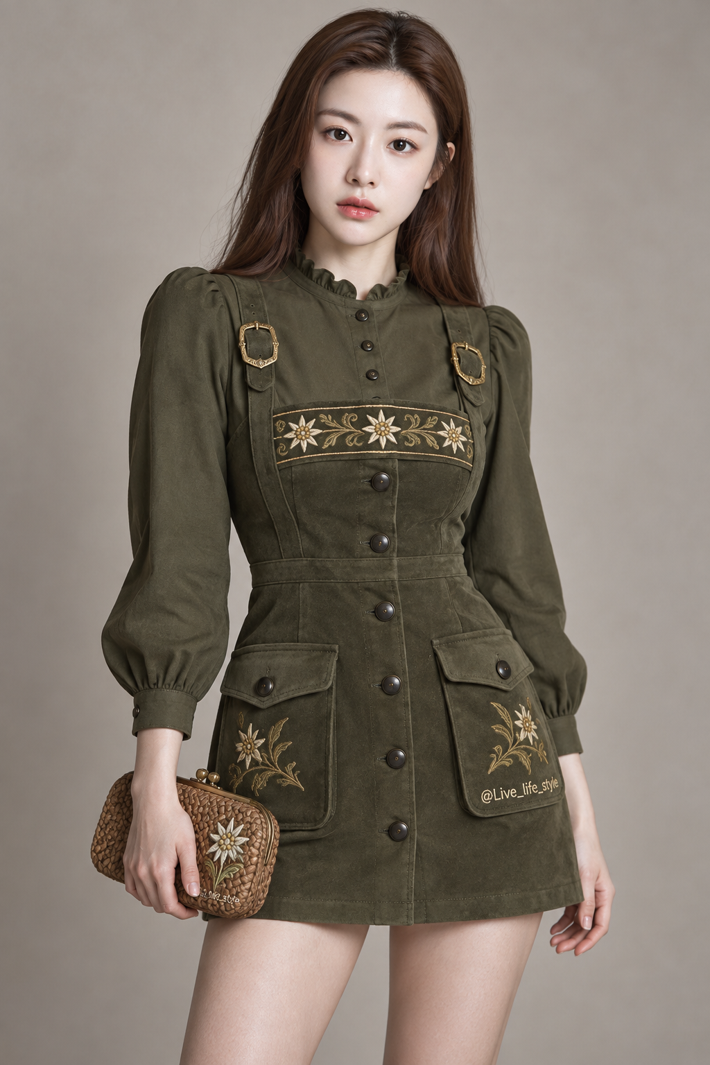Portrait d'une femme en robe vert mousse de style tyrolien moderne