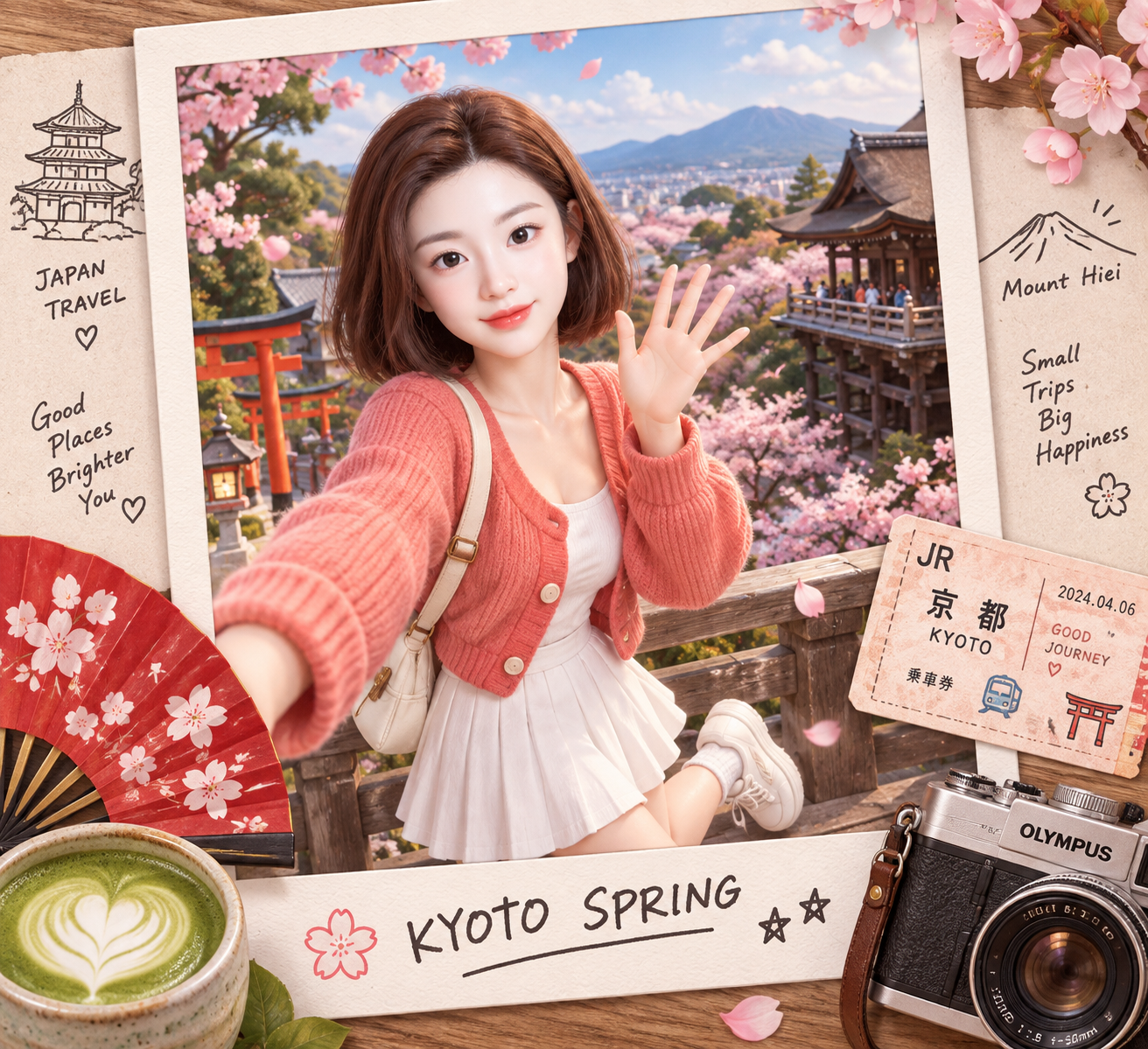 Illustration Polaroid de voyage printanier à Kyoto en animation 3D mignonne