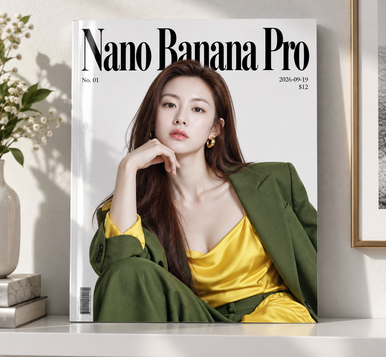 バナナイエローとグリーンの配色ファッション誌表紙 — AI image creation