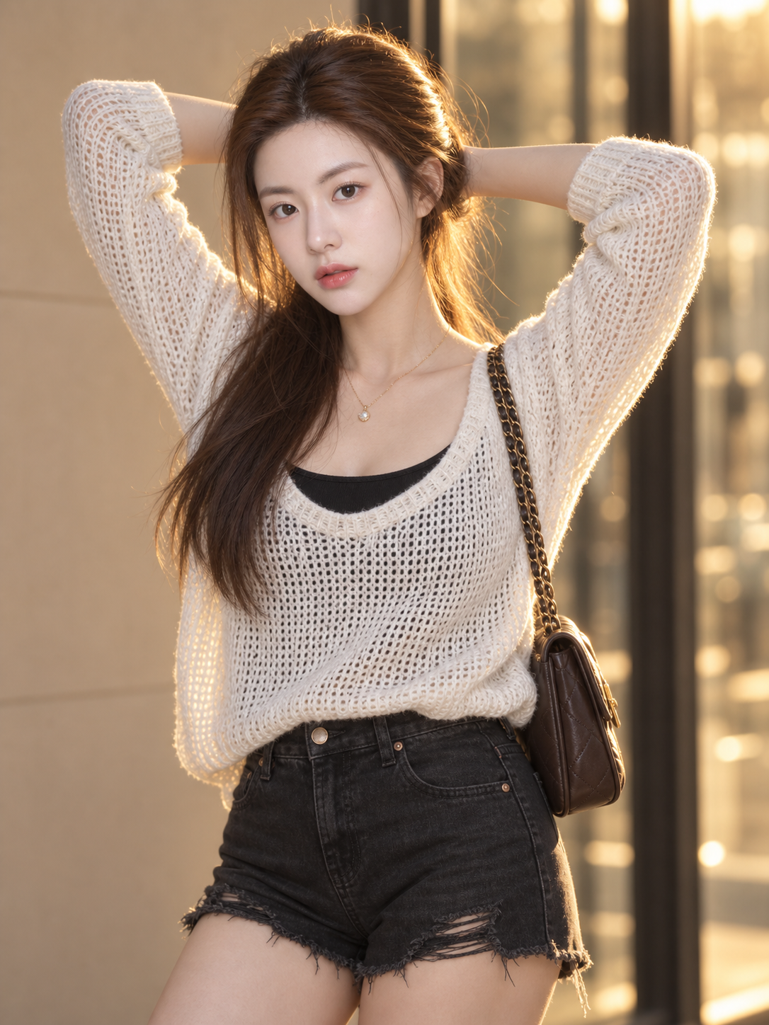 成年女性暖调侧逆光针织衫人像
