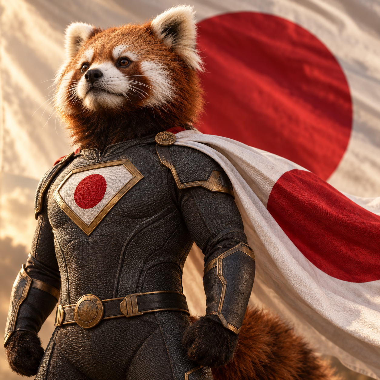 Portrait de super-héros panda roux avec drapeau japonais
