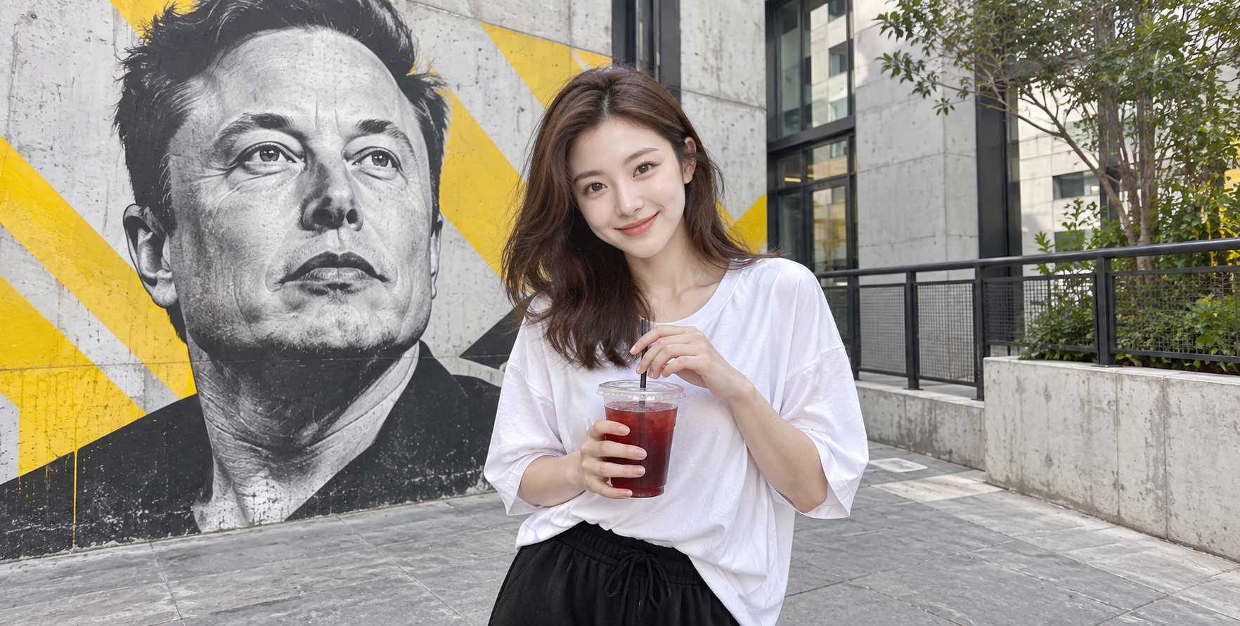 Playful Girl Holding a Drink Before a Musk Mural