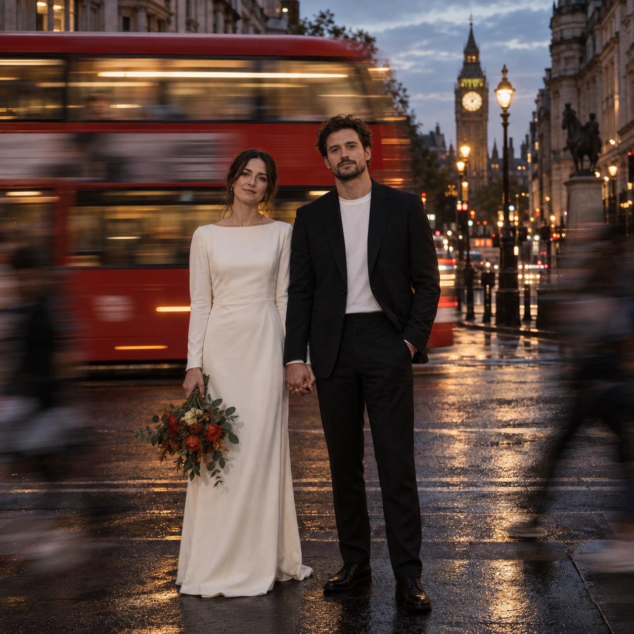 Amants paisibles sous le bus rouge au crépuscule