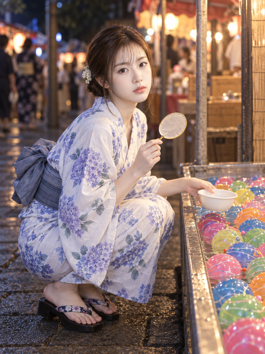 夏祭りの水風船屋台で金魚すくいをする大人の女性