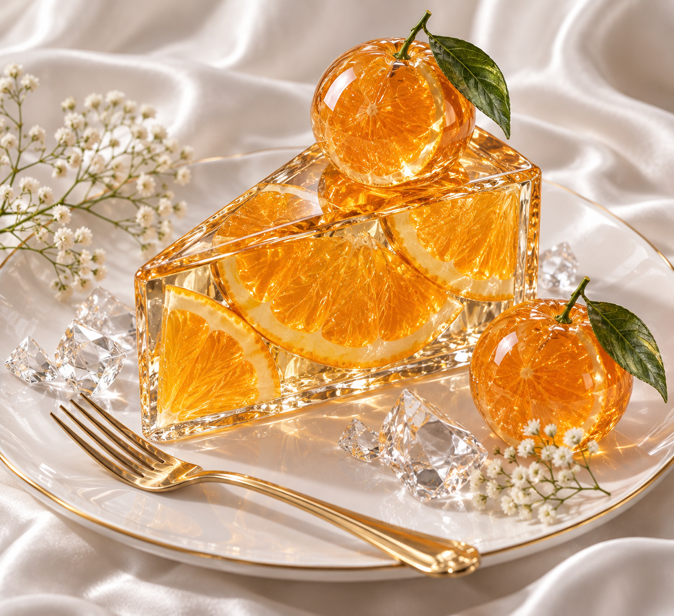 Nature morte de gâteau en prisme triangulaire à l'orange et cristal transparent