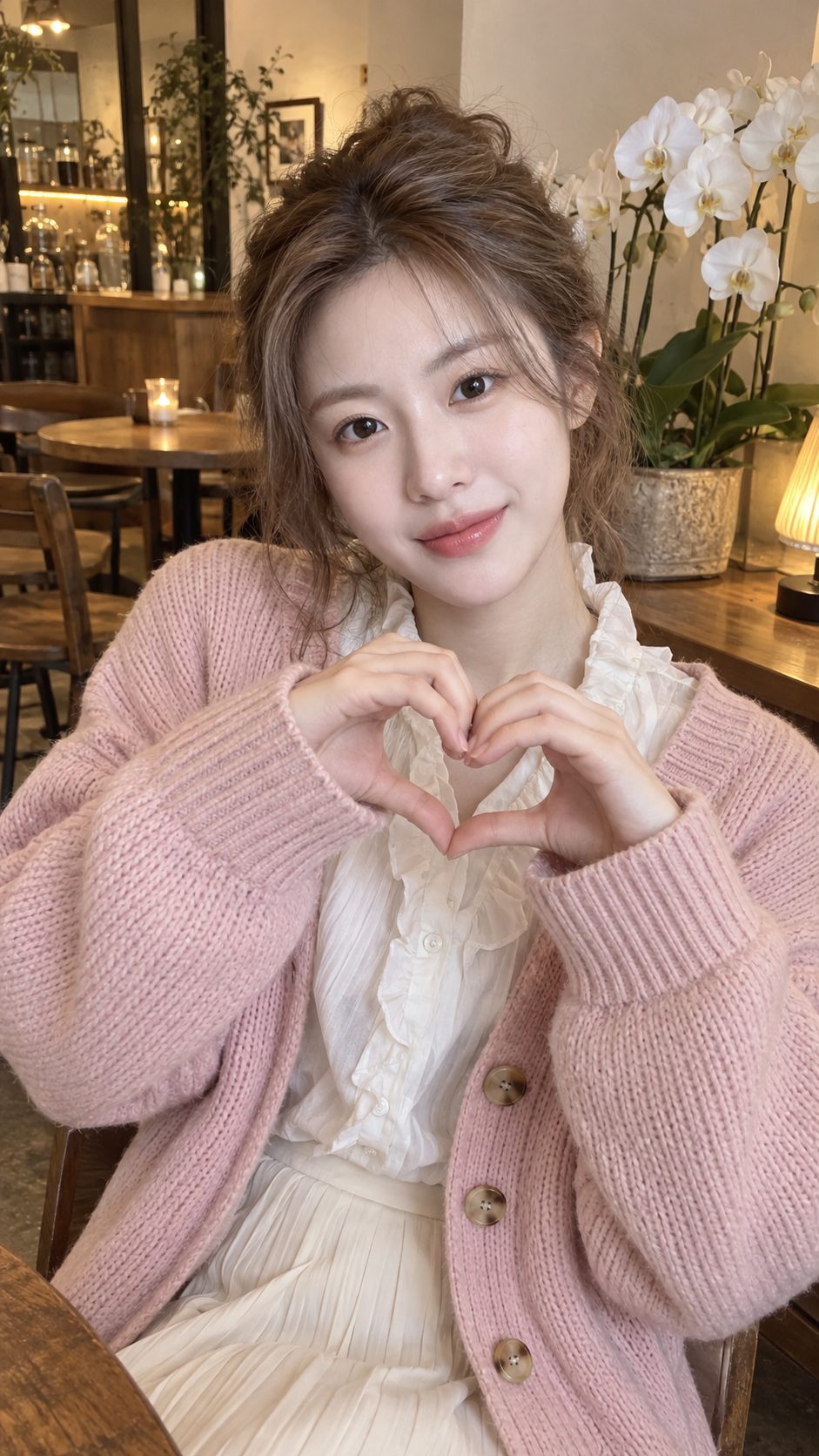 咖啡馆里的粉色针织衫成年女性手势比心
