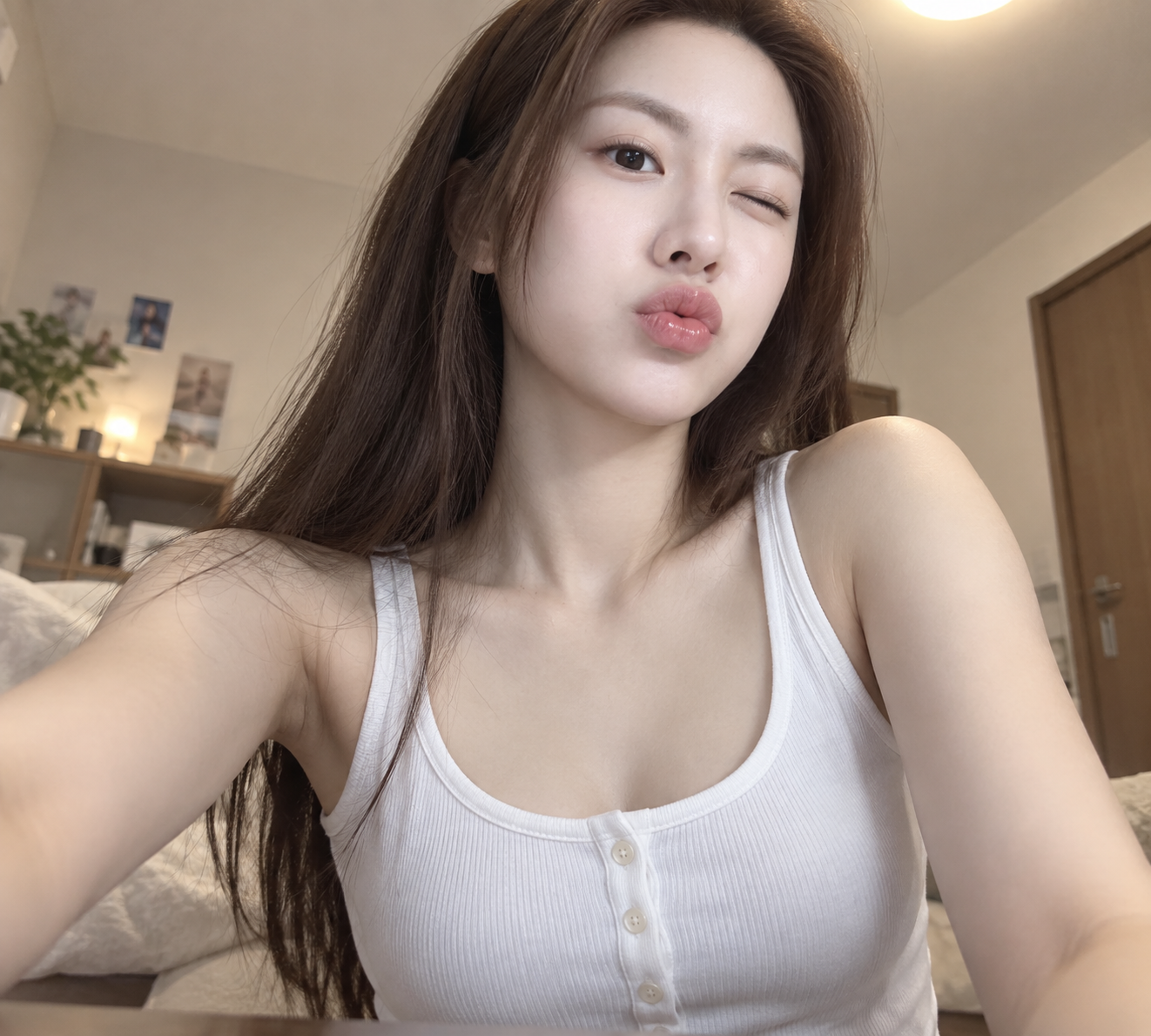 Selfie en contre-plongée d'une Japonaise en débardeur blanc