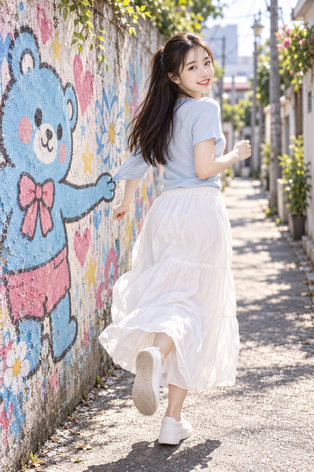 壁の青い熊と夏の路地の成人女性ストリートスナップ — AI image creation