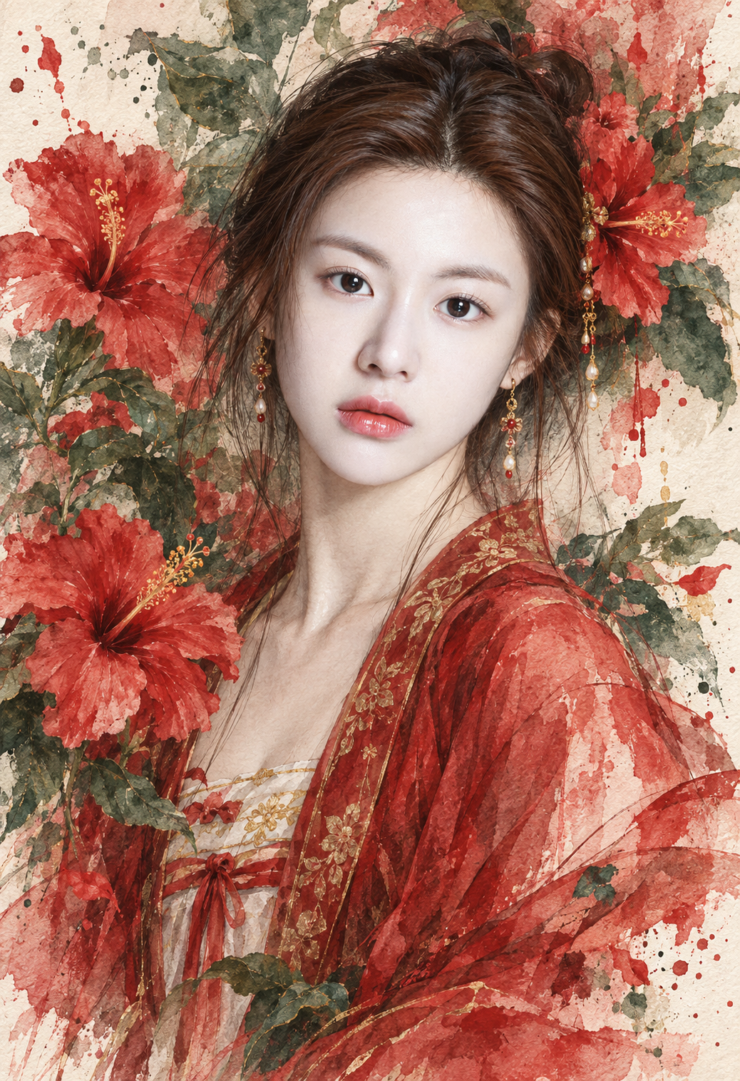 Dreamy Watercolor Portrait of a Woman in a Red Dress Amidst Blooming Flowers