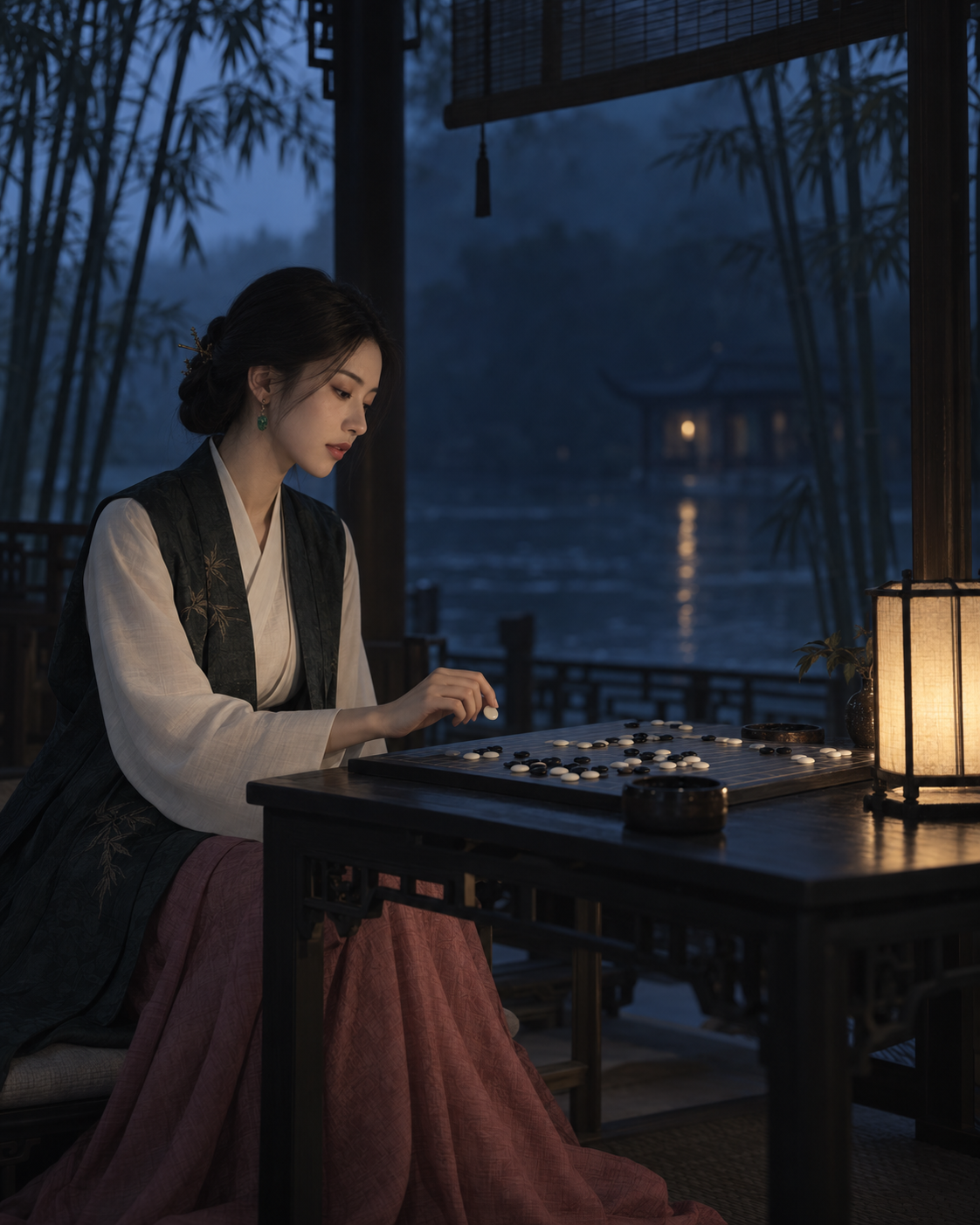 水辺の棋亭に佇む東洋女性のライフスタイル写真ポスター