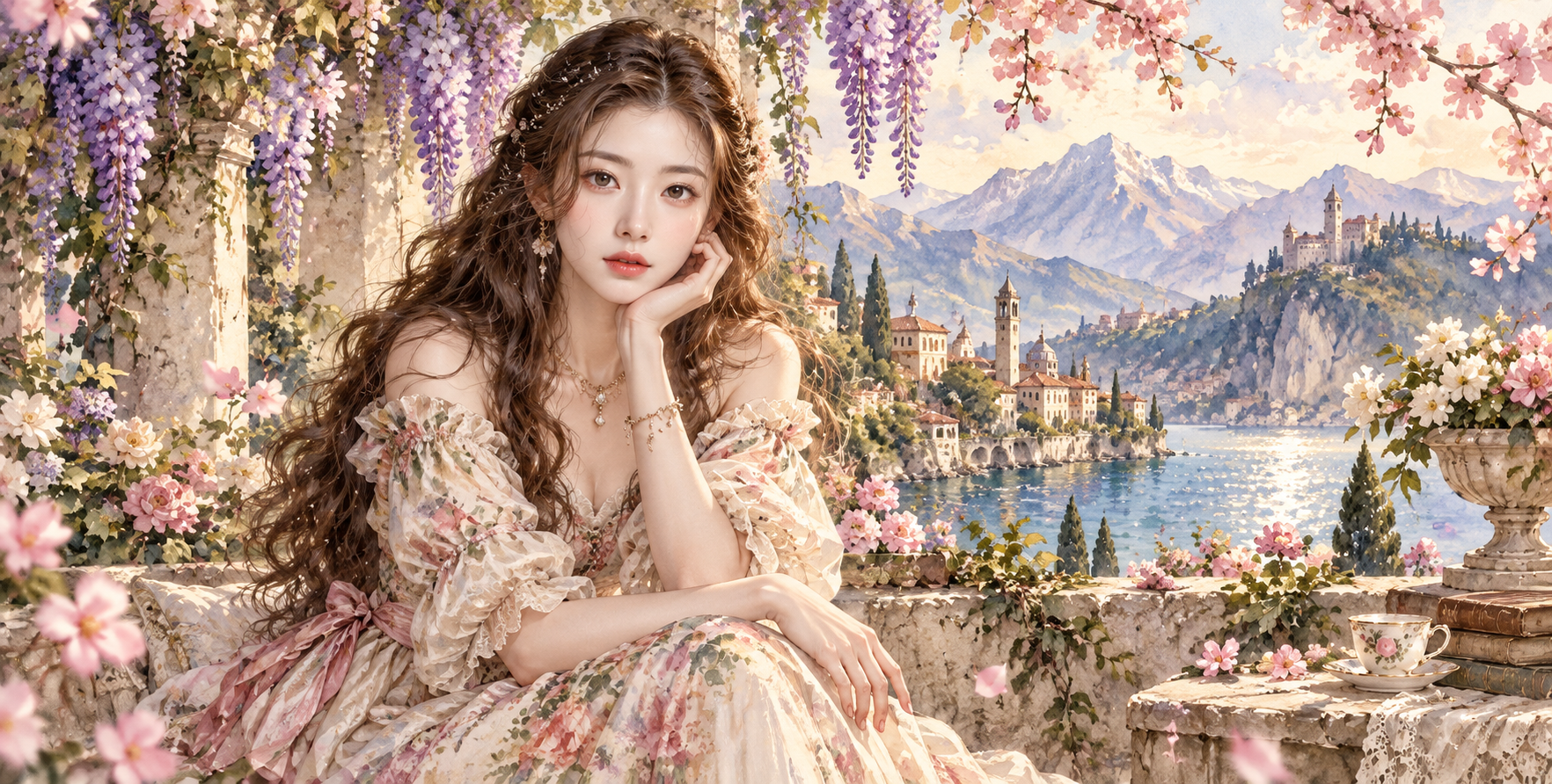 Illustration fantastique à l'aquarelle d'une femme adulte à la campagne