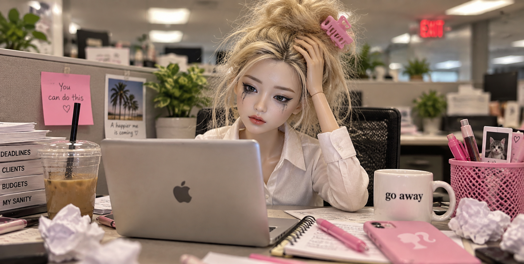 Hyper-Realistic Barbie Office Burnout Photography