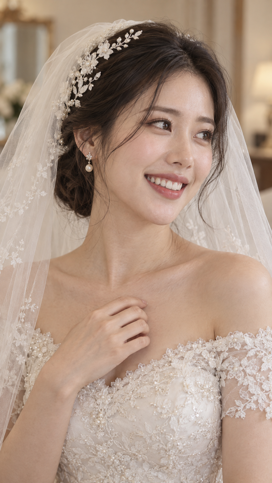 クリーム色のベール越しの花嫁、成人女性、室内クローズアップ