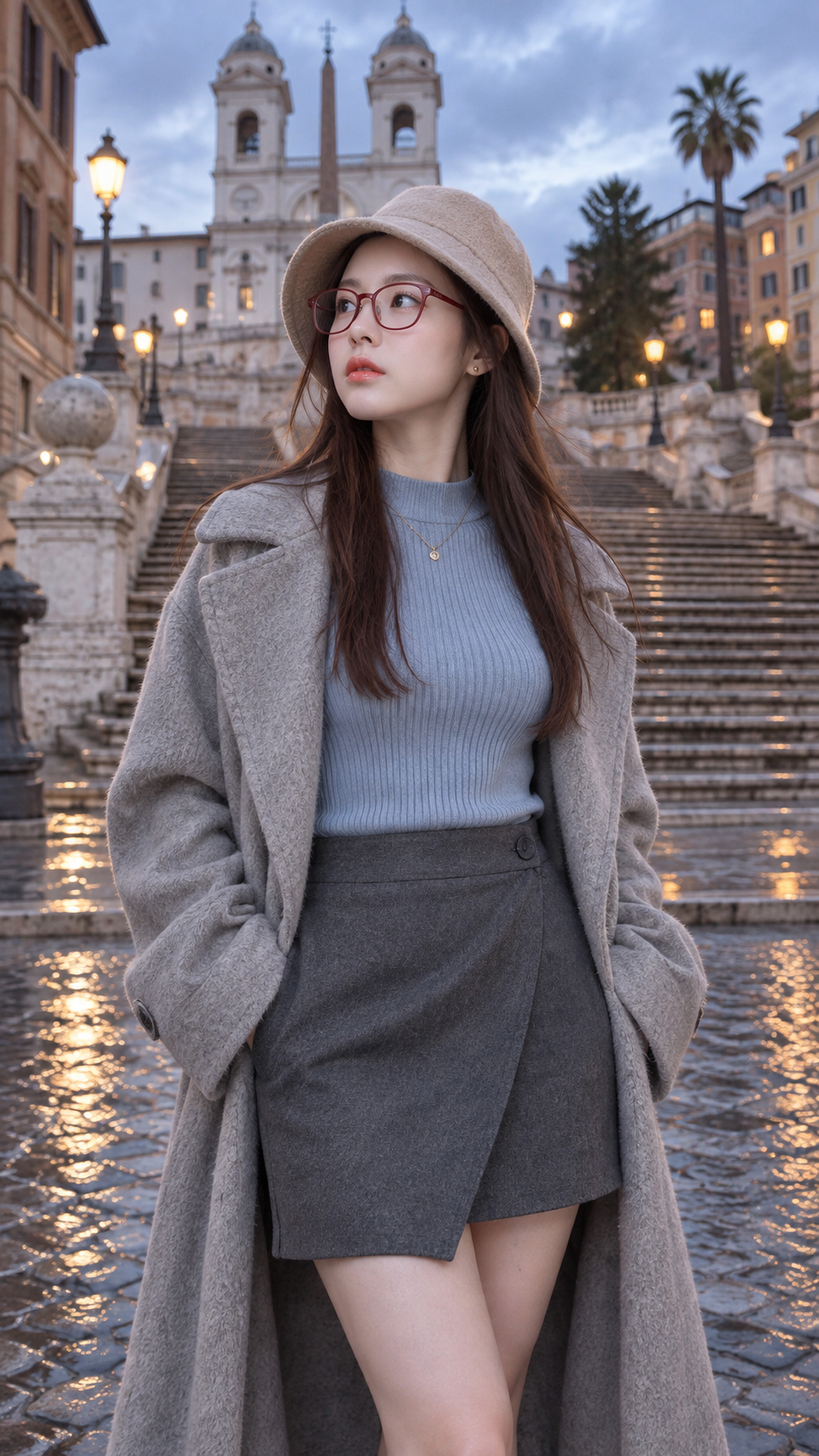 雨后欧洲石阶广场上的成年女性旅行时尚人像