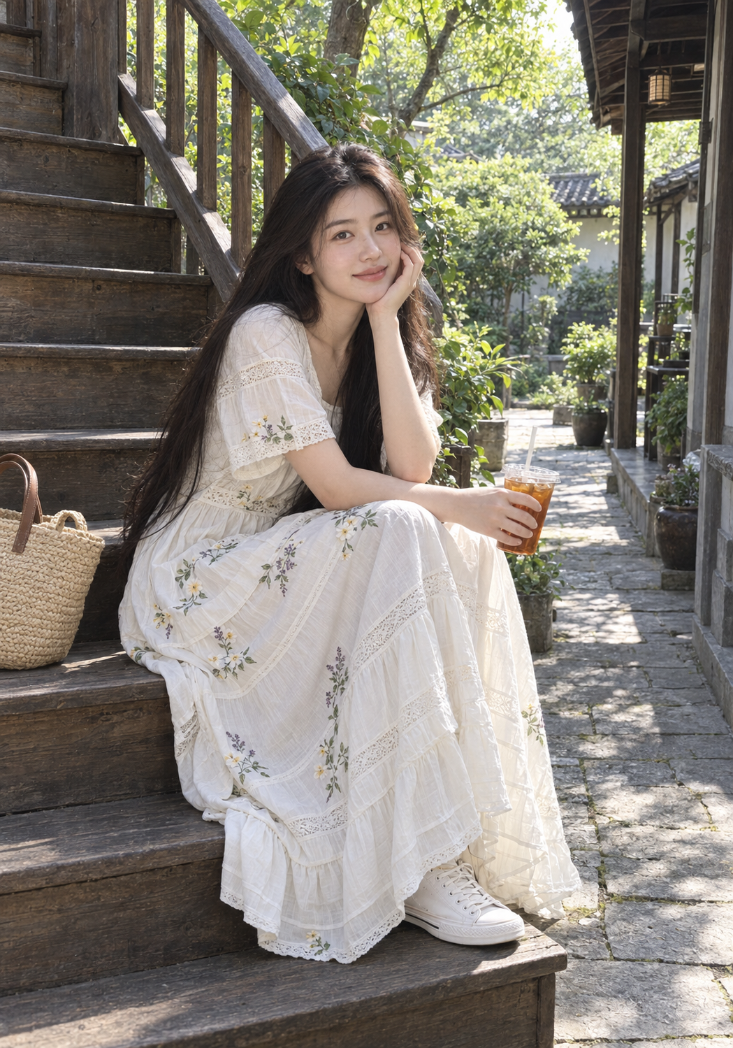 夏の山小屋の庭で頬杖をつく白いワンピースの人物像