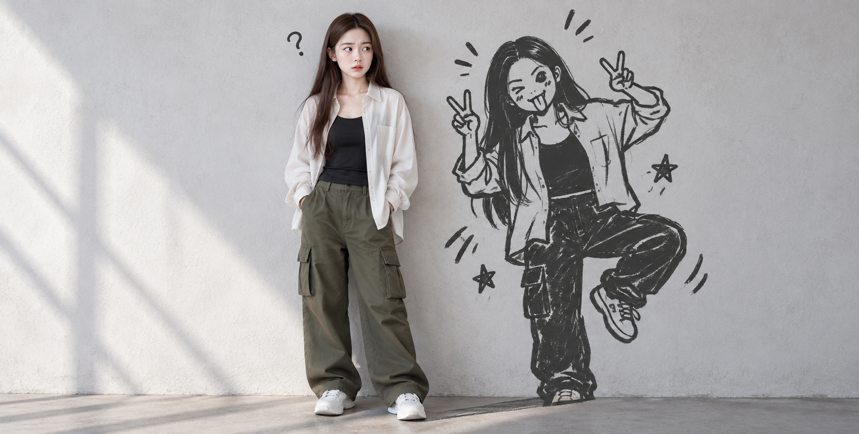 いたずらな落書きの影がおしゃれな女の子を真似るユーモラスな対比