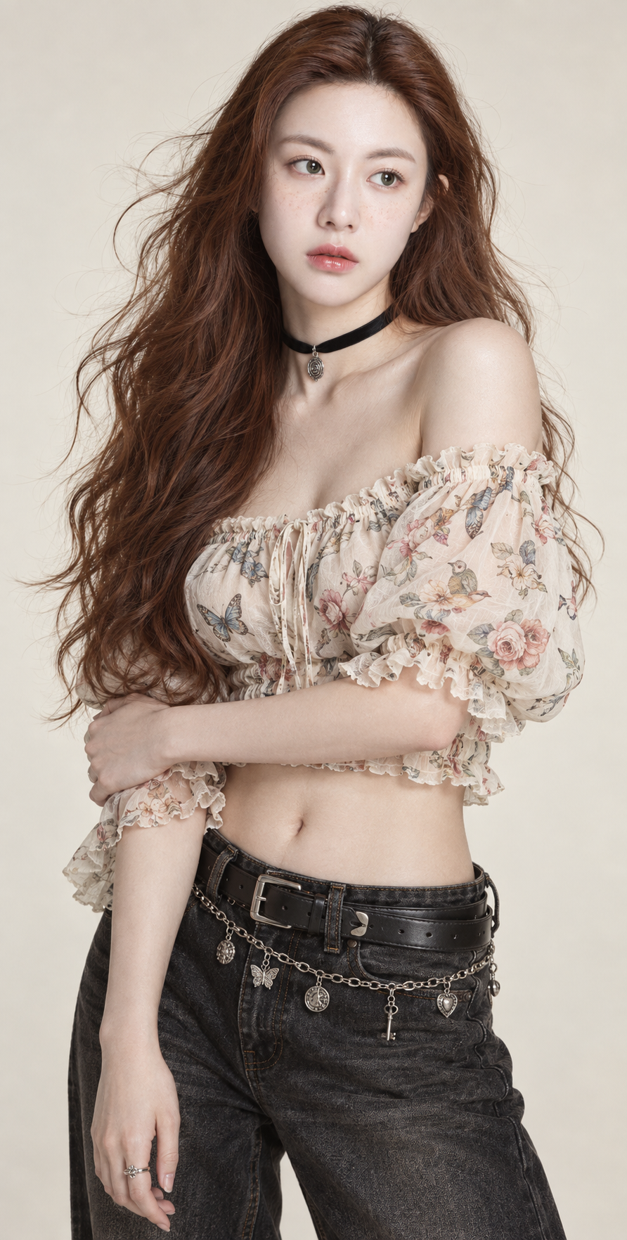 Portrait de mode minimaliste en studio d'une femme rousse
