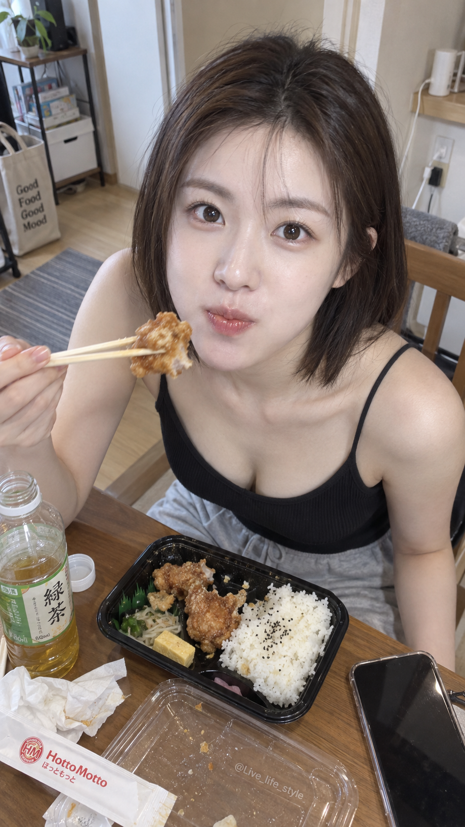 20歳の架空の日本人女性が唐揚げ弁当を食べる奇跡のスナップ
