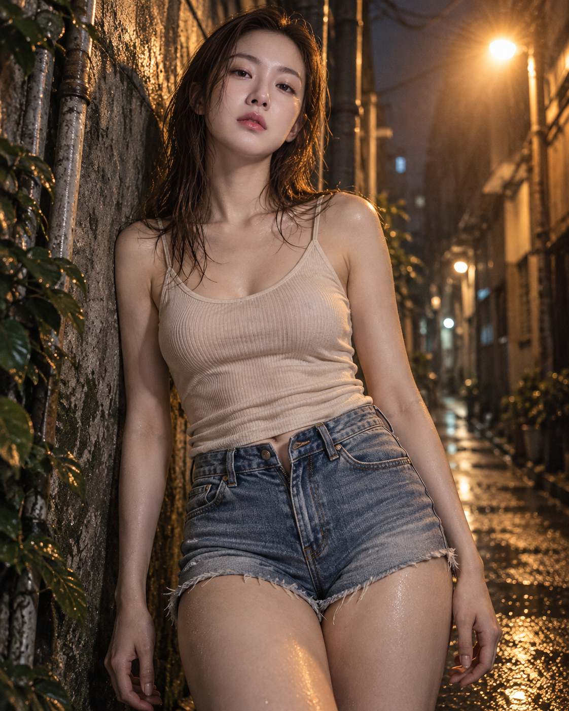 90年代深夜の路地裏、濡れた髪のキャミソール姿の女性ポートレート