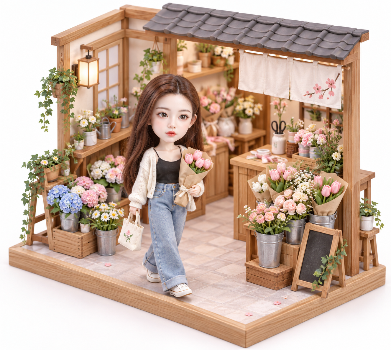 日本の花屋にいるアイソメトリック参考一致ドール