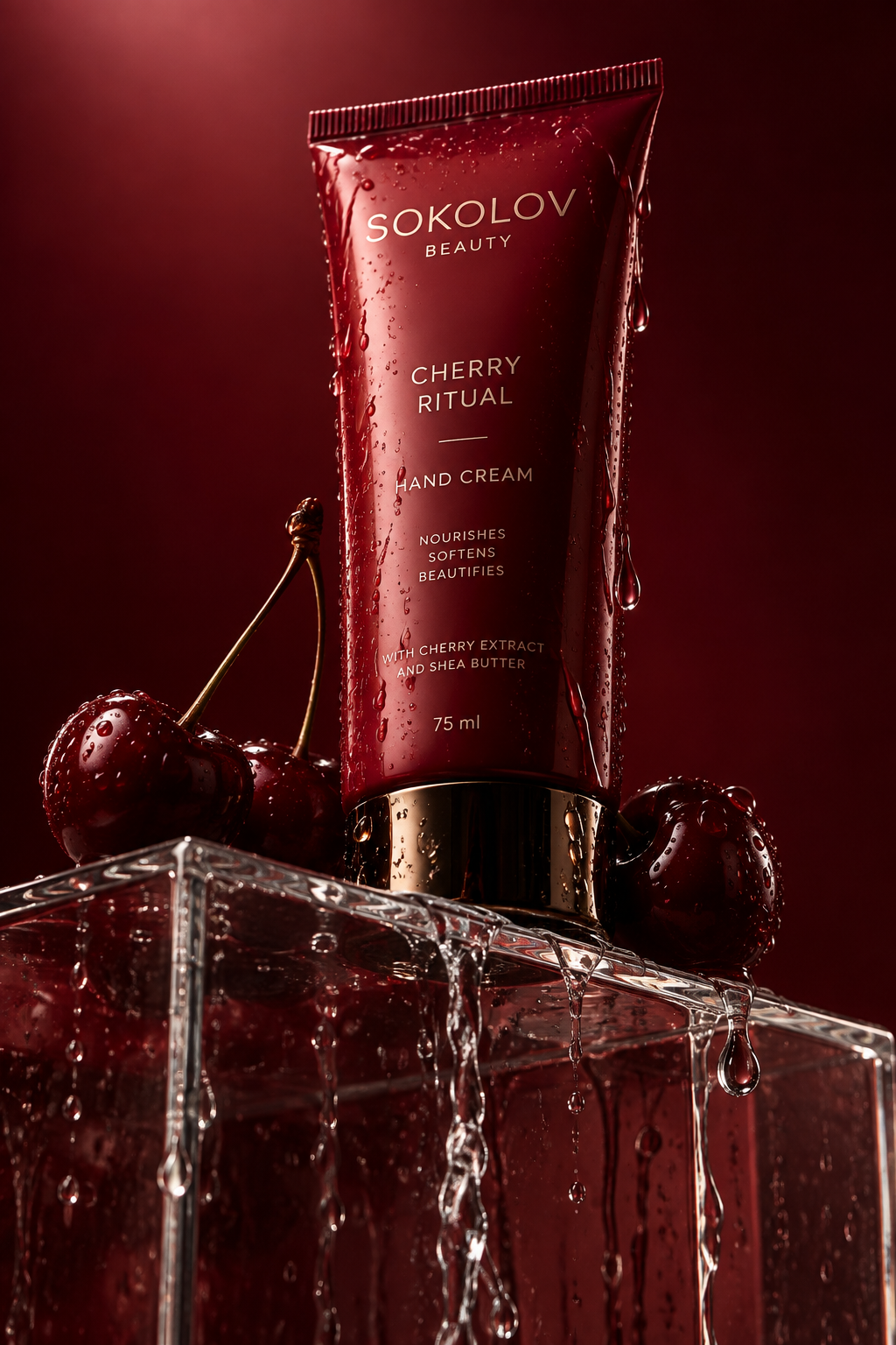 Photographie publicitaire de crème pour les mains cramoisie Sokolov