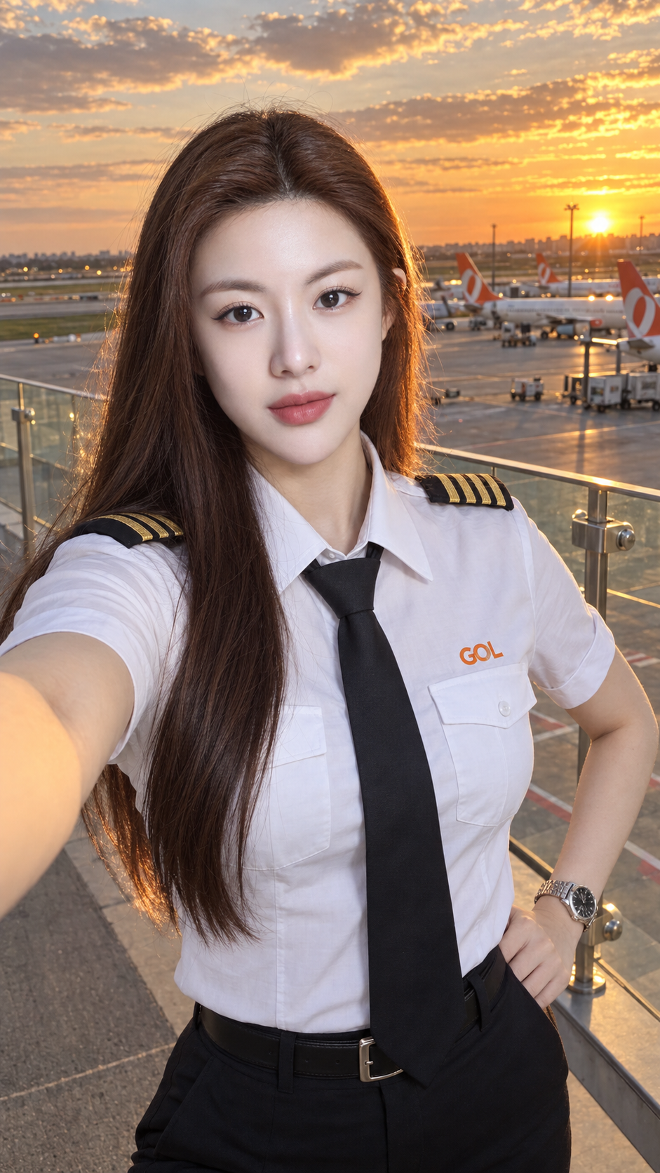 Golden Hour Selfie of a Beautiful Female Captain on the Airport Terrace