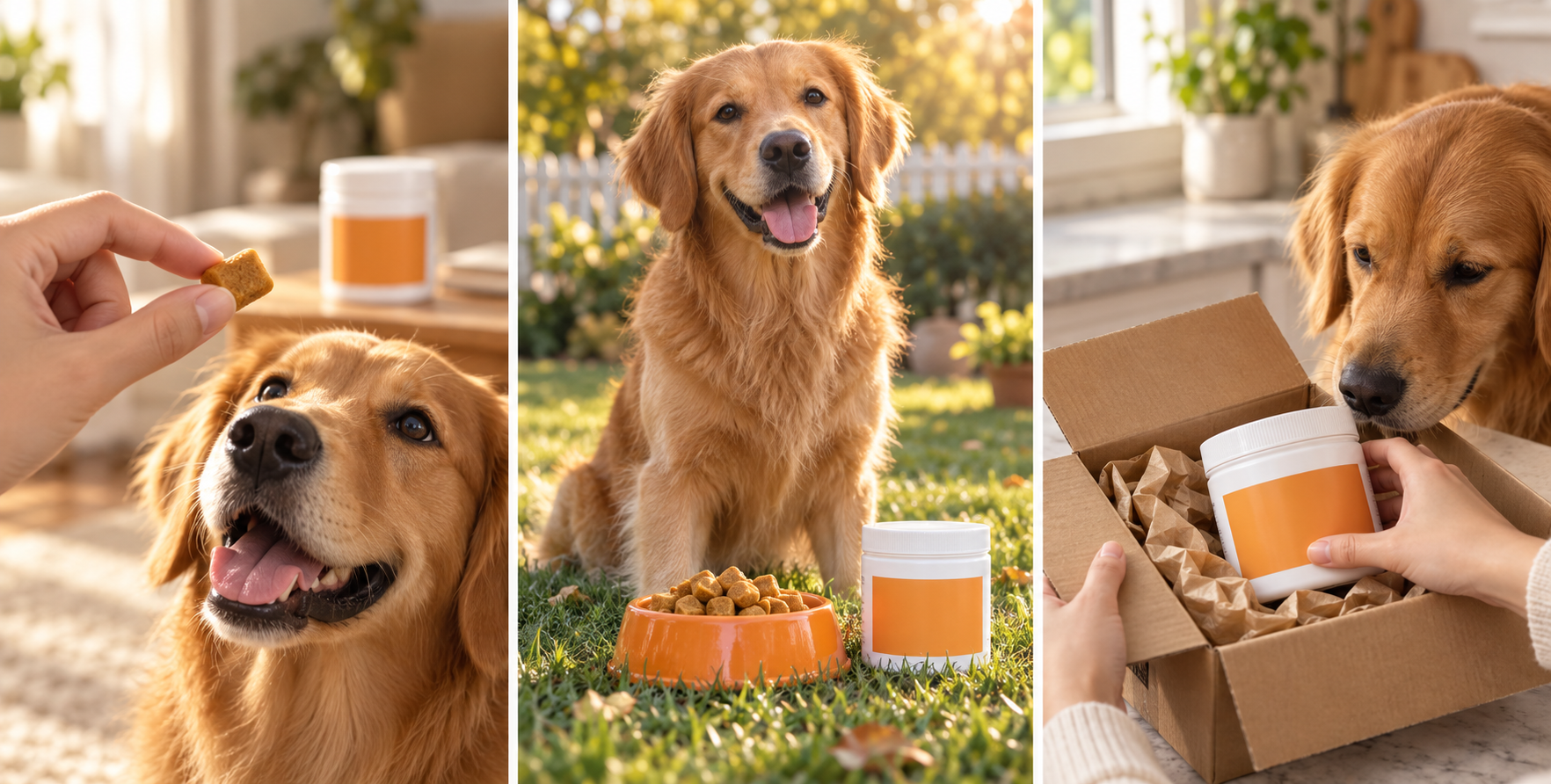 Chiot au soleil et pots de compléments : trois scènes de vie